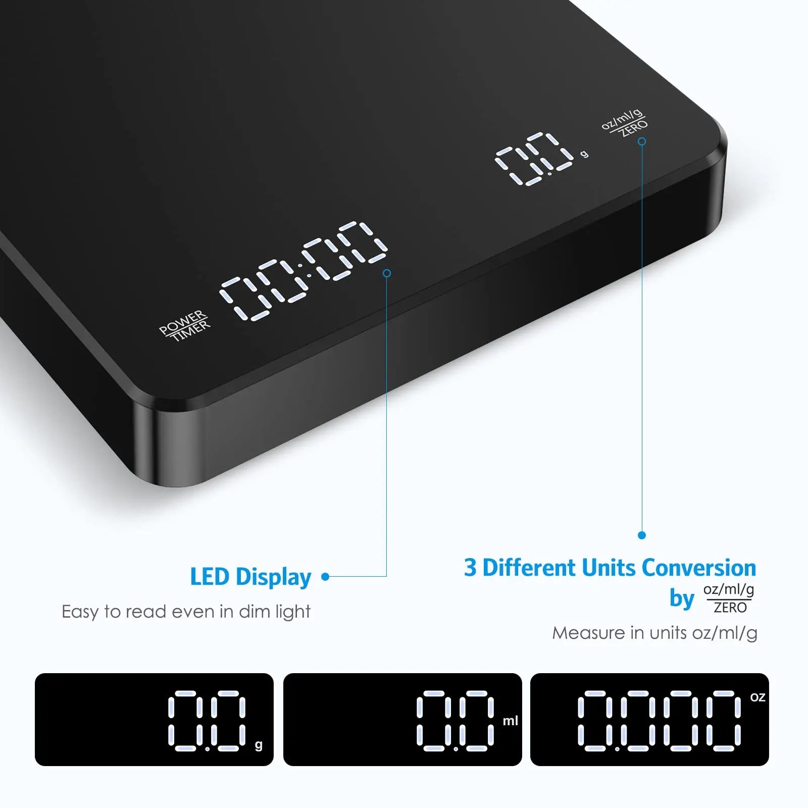 High Precision Digital Coffee Scale with Timer - 3Kg/0.1G Matte Black Espresso Kitchen Scale