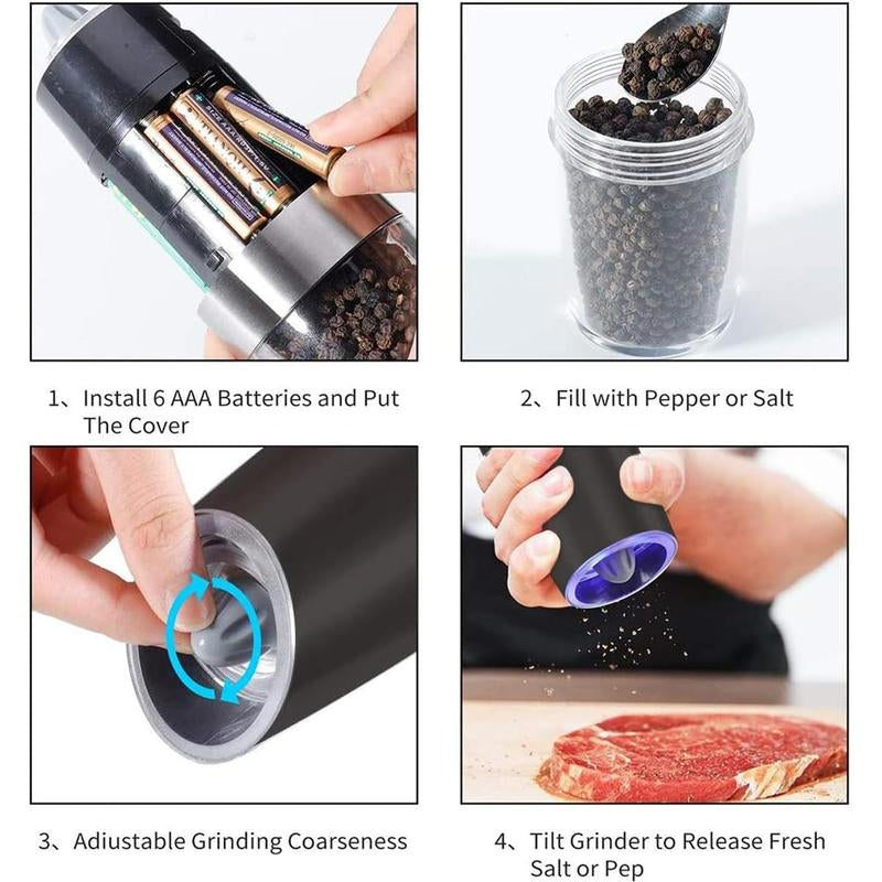 Electric Salt & Pepper Grinding Tool, Automatic Pepper Grinding Tool with LED Light, Battery Powered Adjustable Coarseness Grinding Tool Kitchenware, Kitchen Gadgets, Salt Pepper Shakers