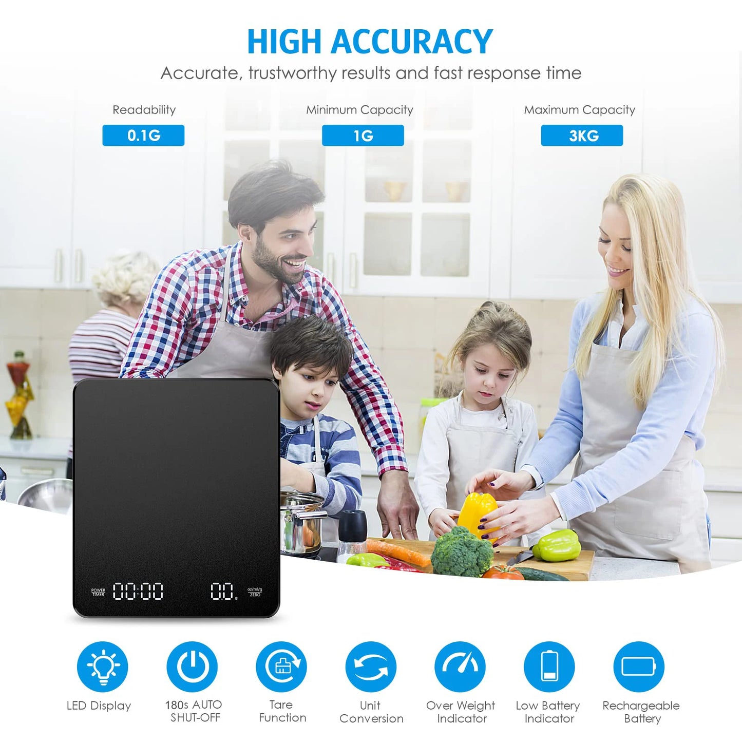 High Precision Digital Coffee Scale with Timer - 3Kg/0.1G Matte Black Espresso Kitchen Scale