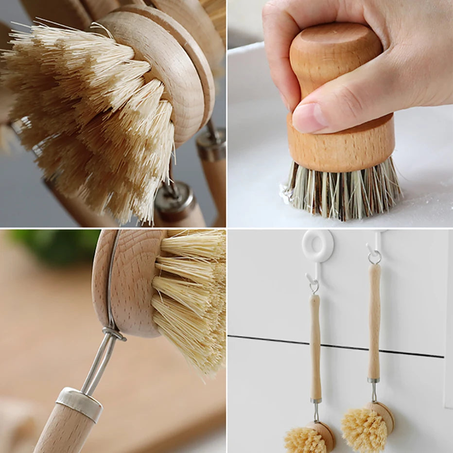 Bamboo Kitchen Cleaning Brush Natural Dishes Pots Pans Sink Washing Brush Eco-Friendly Clean Scrubber with Draining Storage Tray